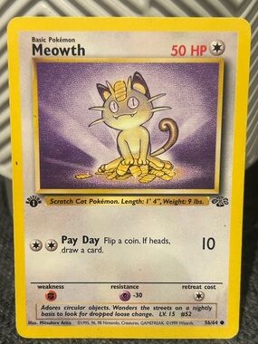 Pokemon Meowth, Vintage Card, 1999, 96, 98, Collectible, Fan Favorite
